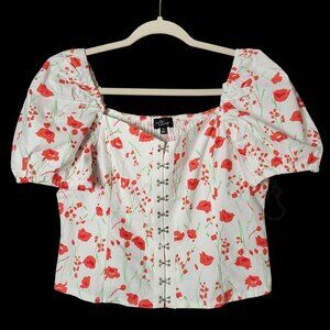 Milk & Honey White Red Floral Cottagecore Milkmaid Smocked Puff Sleeve Top M